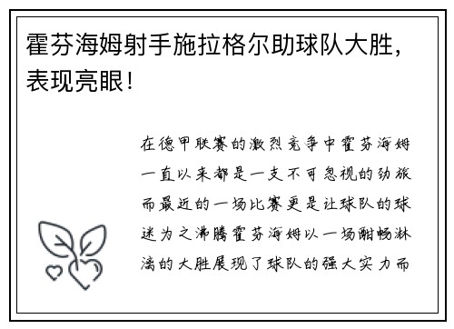 霍芬海姆射手施拉格尔助球队大胜，表现亮眼！